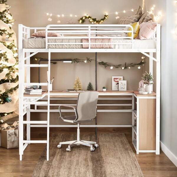 slide 2 of 9, Twin Size Metal Loft Bed with 3 Layers of Shelves and L-shaped Desk for Home White