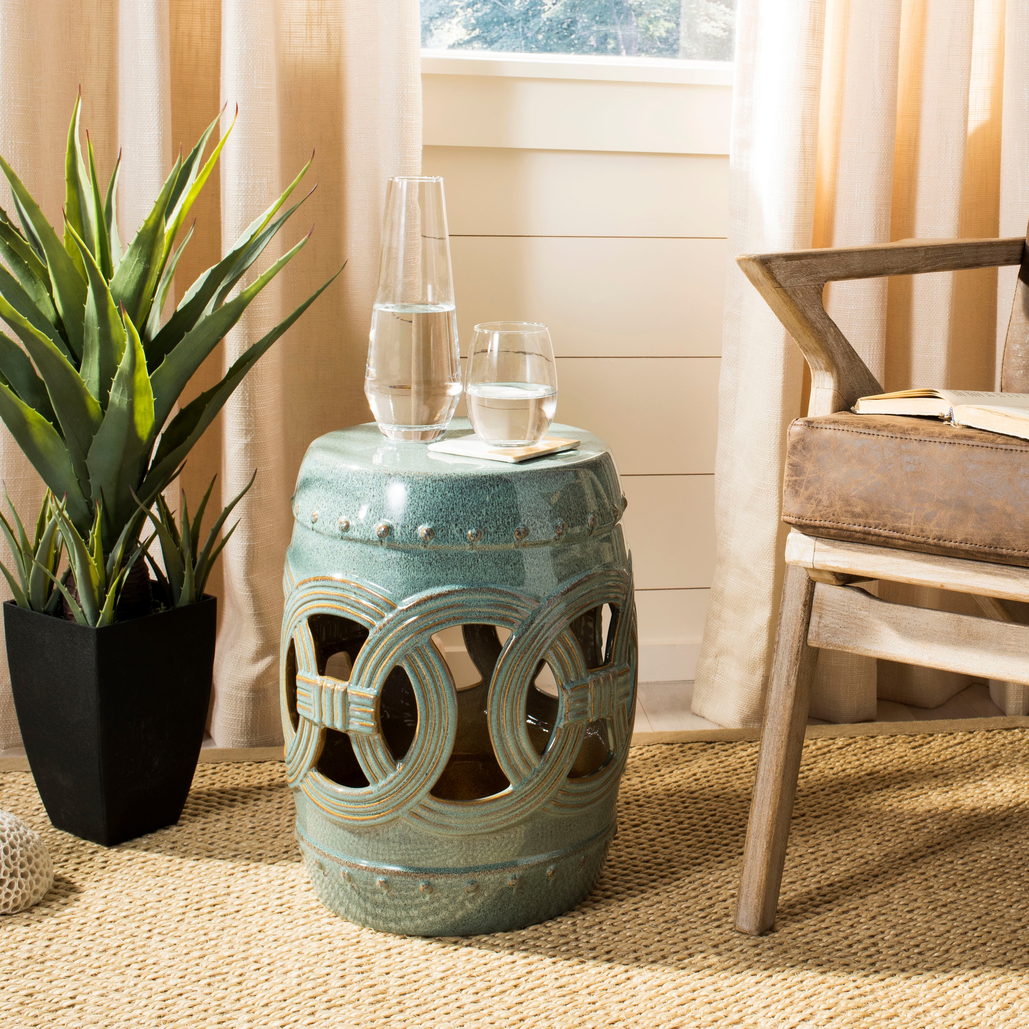 SAFAVIEH Paradise Sarlota Double Coin Blue-Green Ceramic Decorative Garden Stool