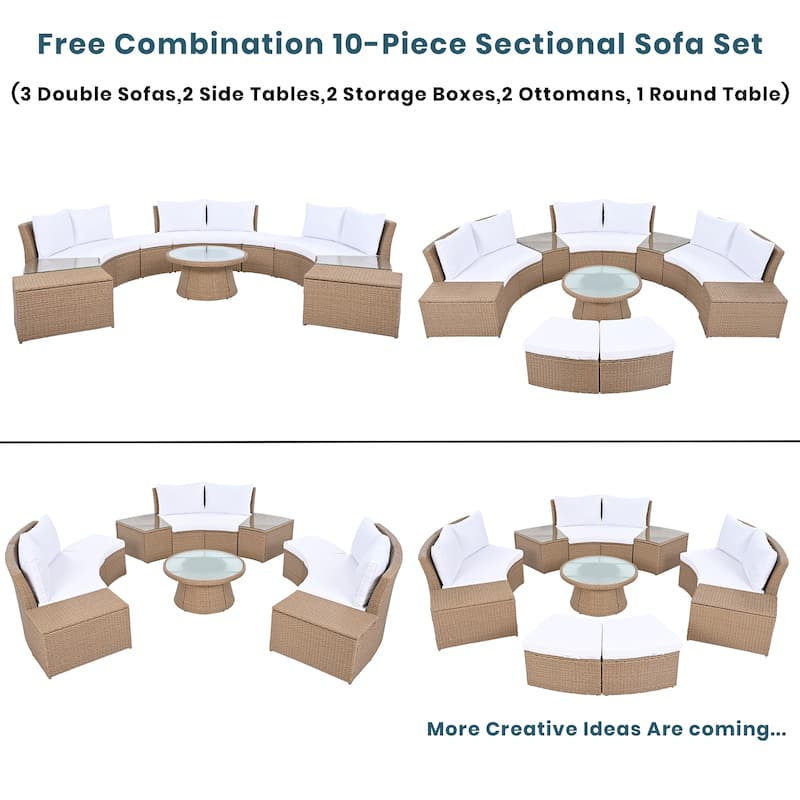 10-Piece Outdoor Rattan Modular Sectional Sofa Set with Coffee Table, Storage Box, Side Tables