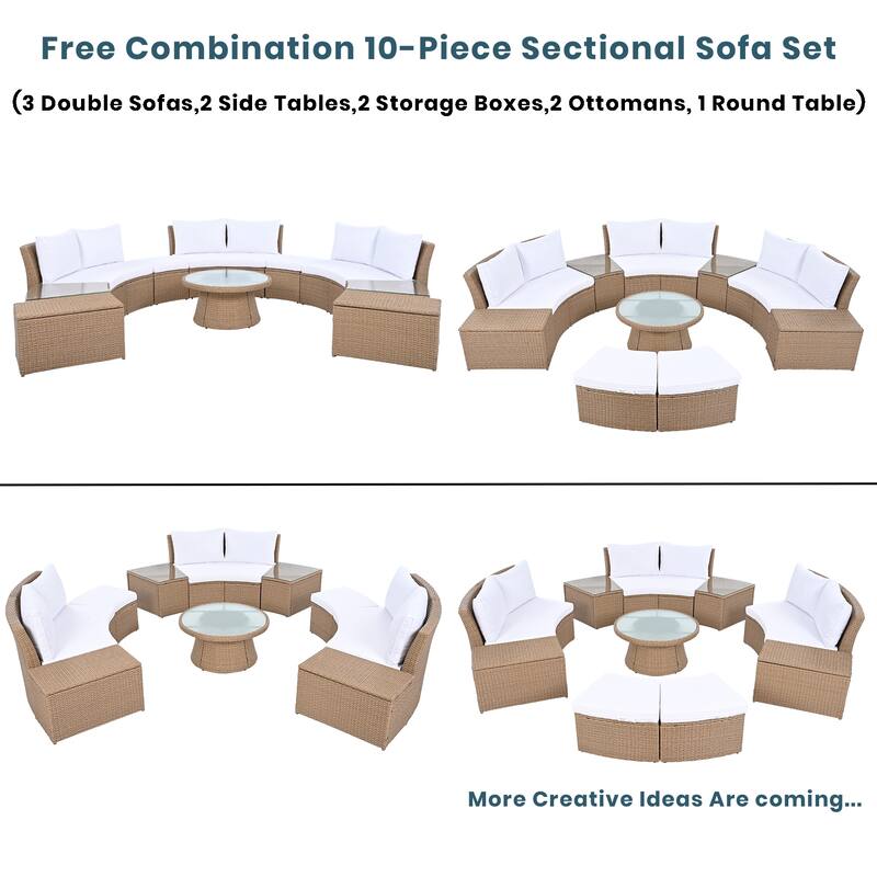 10-Pieces Half Round Patio Sofa Set with 1 Foffee Table