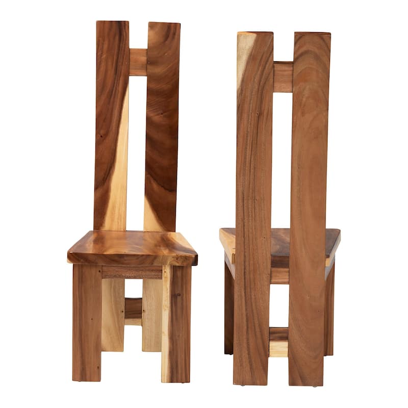 Lin Suar Wood Dining Chair Set of 2 - Handcrafted Solid Wood Chair with Natural Grain Pattern, Rustic Modern Accent Seating