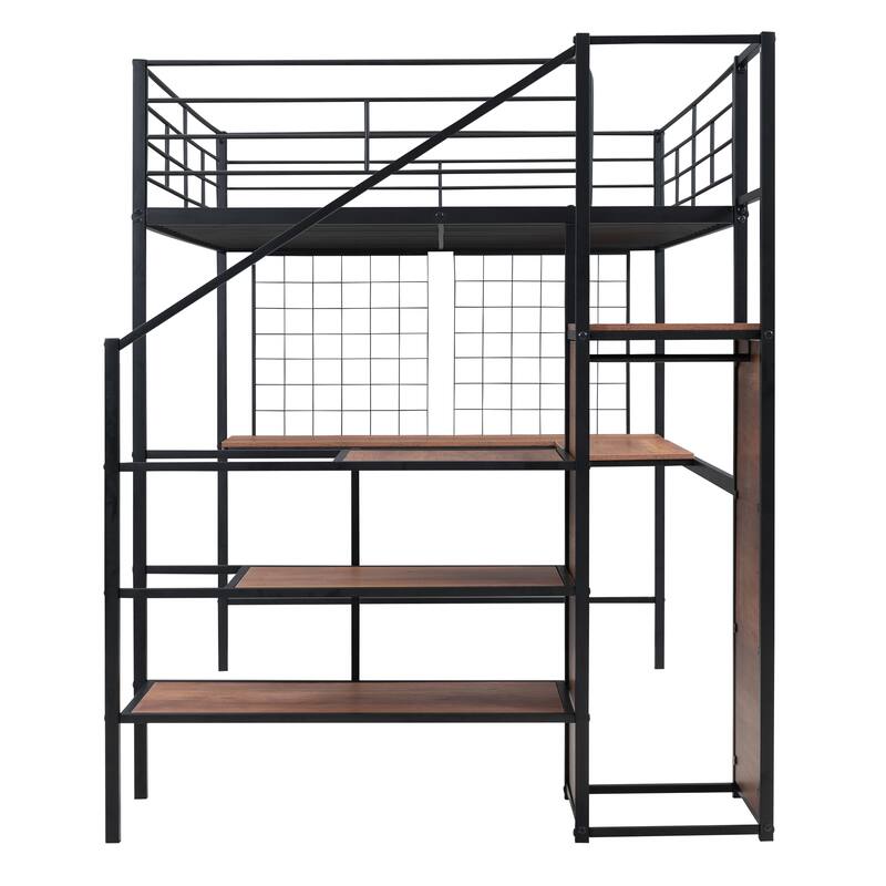 Full Size Loft Bed w/ Desk Metal Loft Bed w/ Storage Ladder & Wardrobe