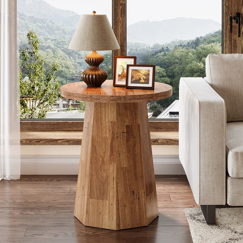 Round End Table, Wooden Couch Side Table, Nightstand Accent Furniture for Living Room, Bedroom - LightBrown