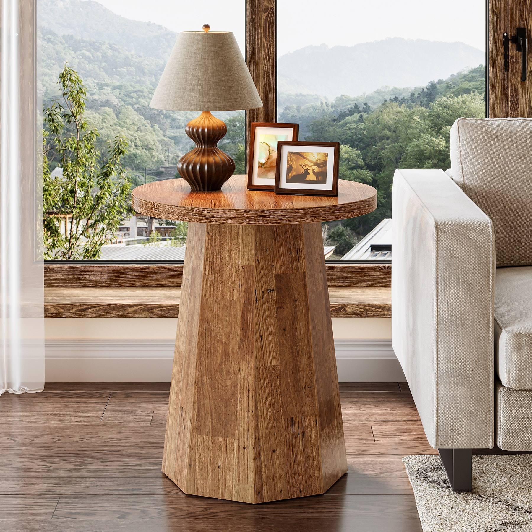 Round End Table, Wooden Couch Side Table, Nightstand Accent Furniture for Living Room, Bedroom
