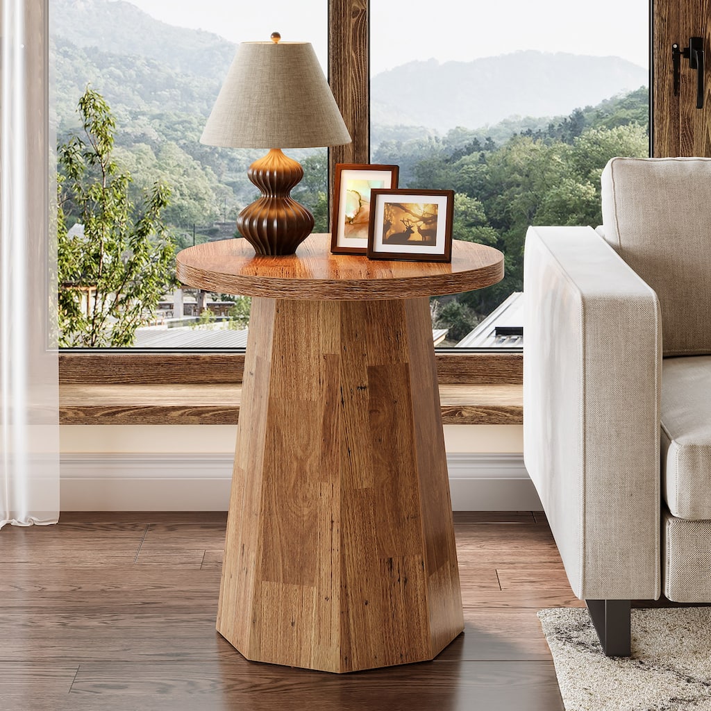 Round End Table, Wooden Couch Side Table, Nightstand Accent Furniture for Living Room, Bedroom