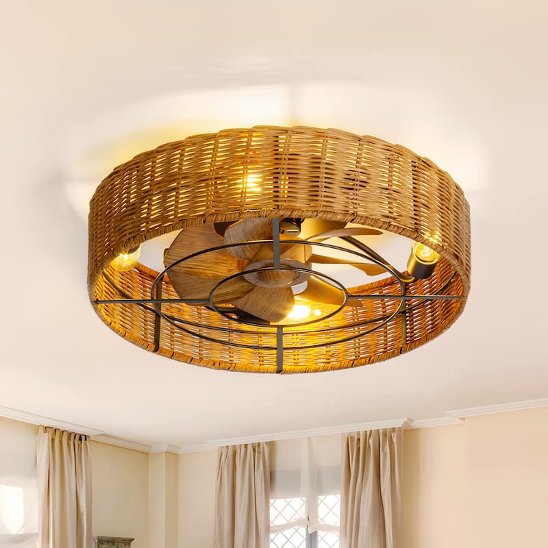 16.5"/19"/20" Vintage Distressed White Low Profile Ceiling Fan with Remote (7-Blade) - 19in - Gold-Round with Wood Grain Blades