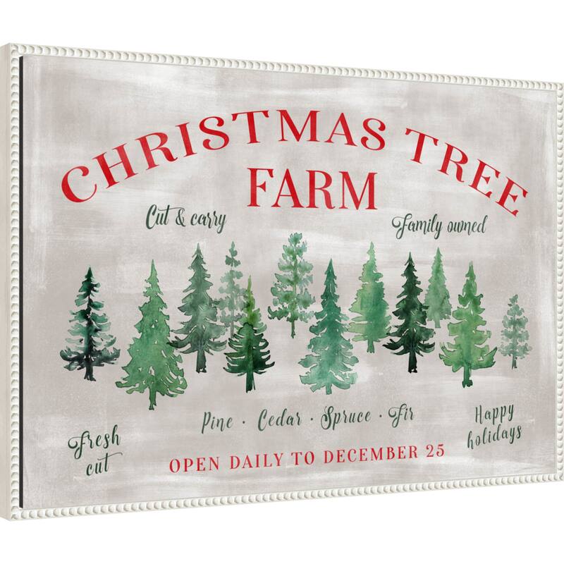 Christmas Tree Farm Sign by Rosana Laiz Blursbyai Framed Canvas Wall Art Print - Sylvie Beaded White