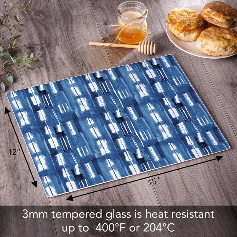Indigo Lines 3mm Heat Tolerant Tempered Glass Cutting Board 15” x 12” Manufactured in the USA Dishwasher Safe