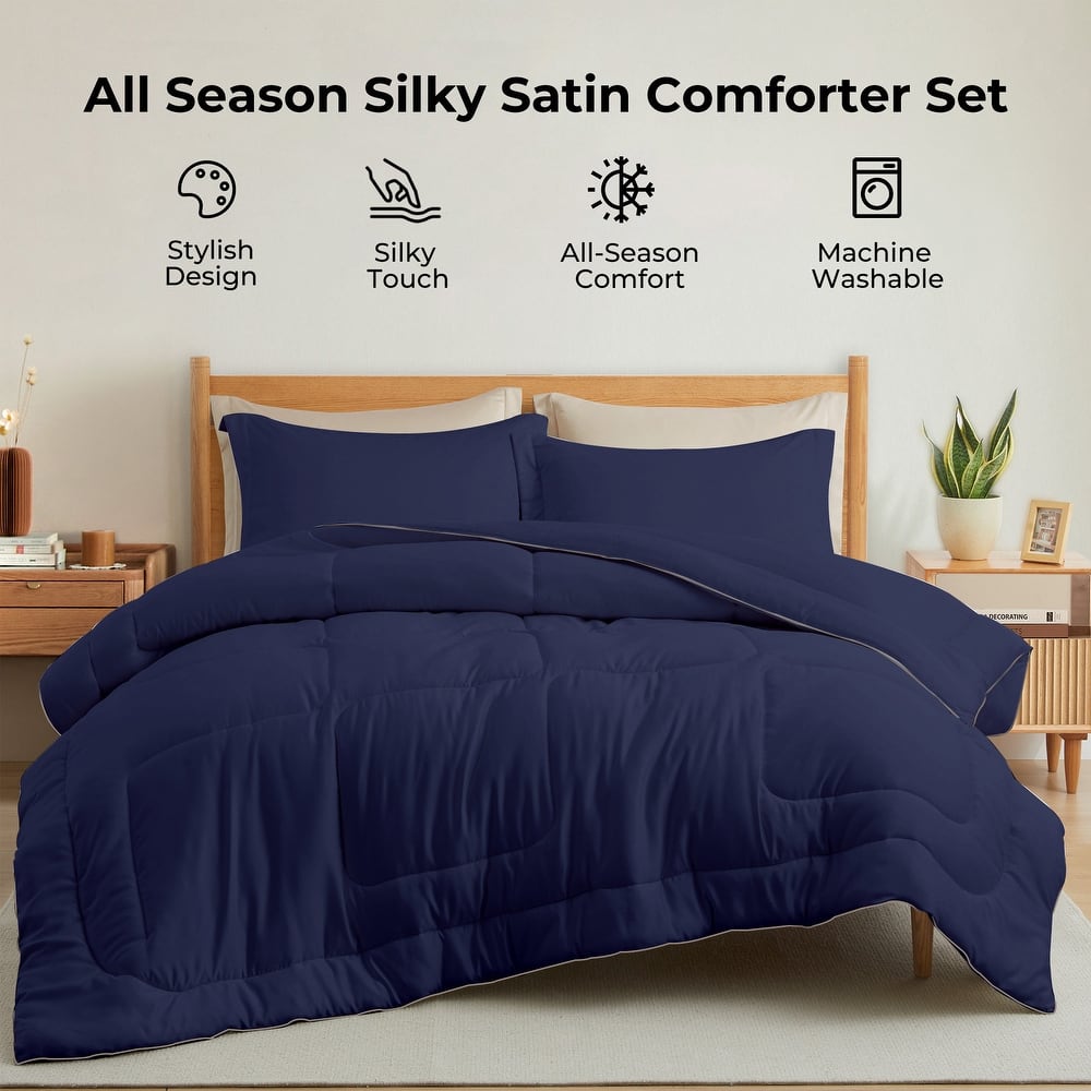 3 Piece All Season Silky Soft Satin Reversible Comforter Set
