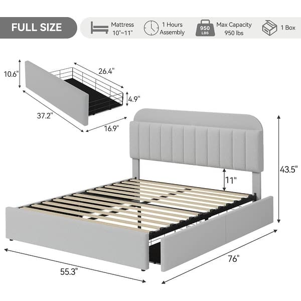 dimension image slide 1 of 9, Bed Frame for Kids, Upholstered Platform Bed for Boys with 2 Flexible Drawers