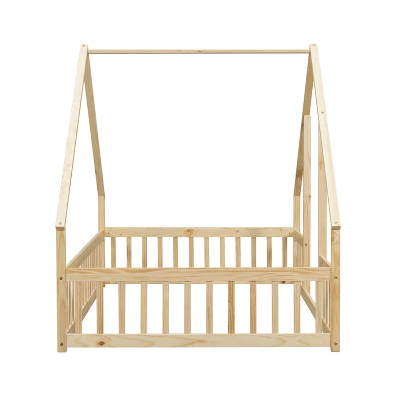 Natural Full Size Pine Wood House-Shaped Floor Bed with Fence, Guardrails and Roof for Bedroom
