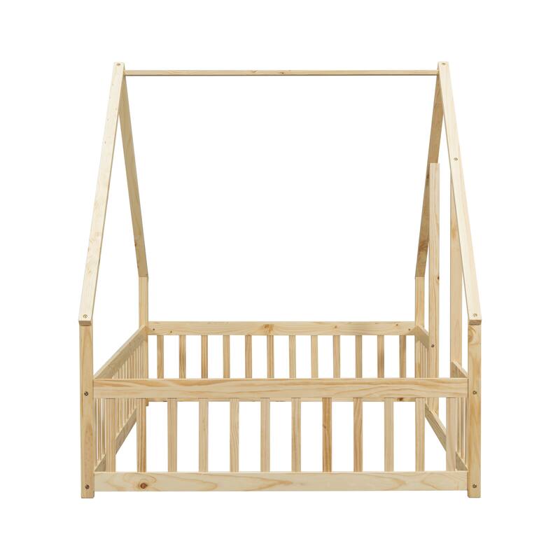 Pine Wood House-Shaped Floor Bed with Guardrails