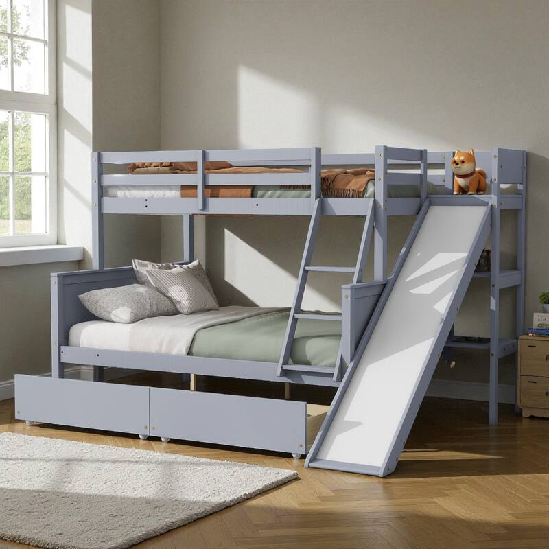 Twin Over Full Rubber Wood Bunk Bed with Slide, 2 Drawers, Shelves and Ladder, Solid Wood Bunk Bed for Kids