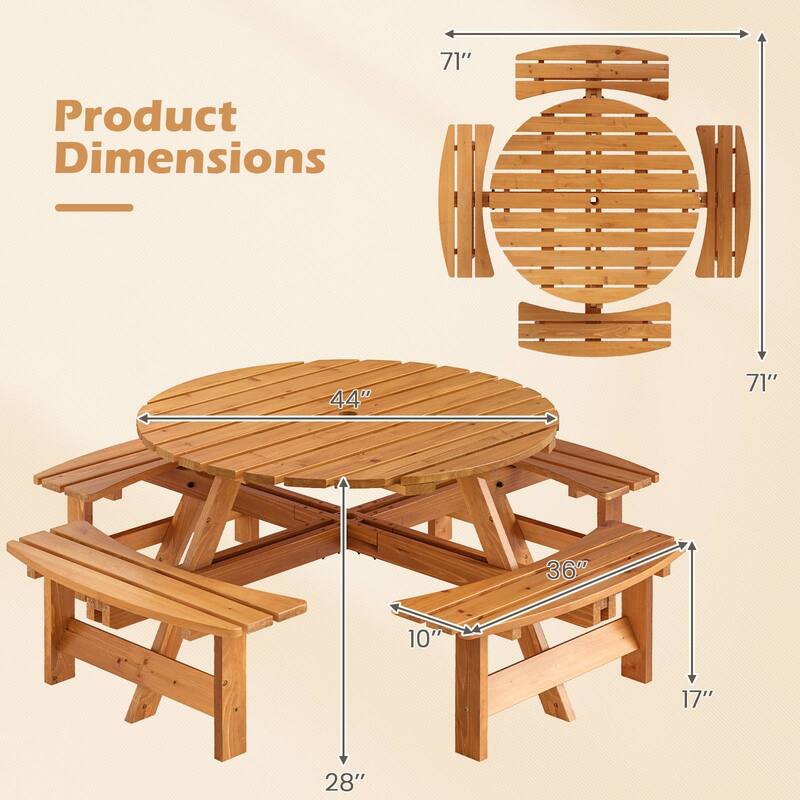 8 Person Wooden Picnic Table Round Outdoor Dining Set with Benches - 71" x 71" x 28"