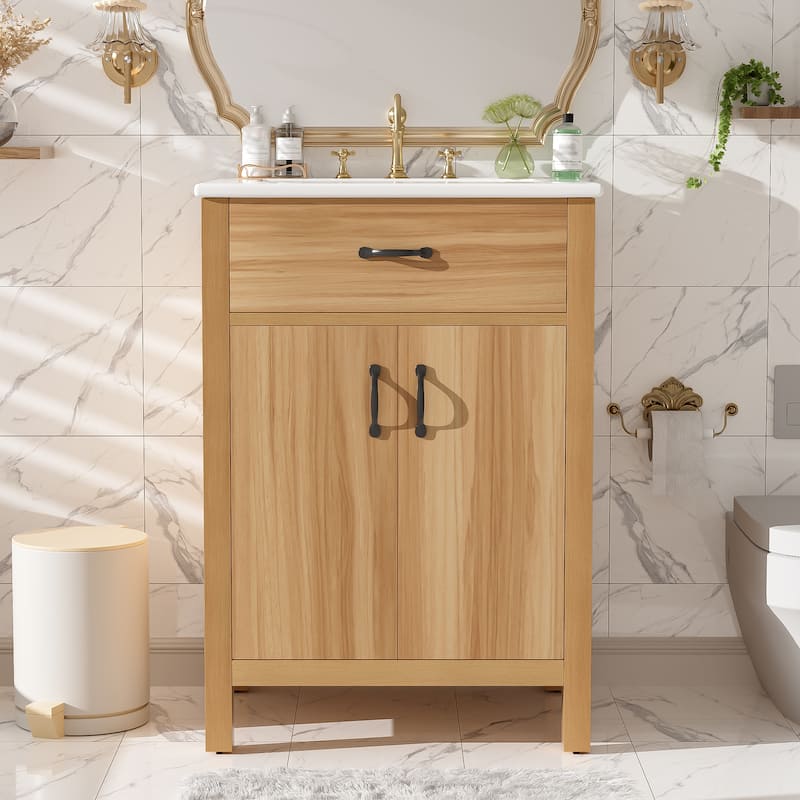 GDFStudio - Barro Transitional Freestanding Bathroom Vanity Cabinet with Ceramic Sink, Dual-Layer Rack & Soft Close Storages - 24"W-1 cabinet - Wood