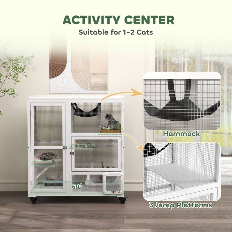 Cat House With Hammock Wheels Fir Wood Mesh For 1-2 Cats - 39.25" L x 23.5" W x 43.25" H