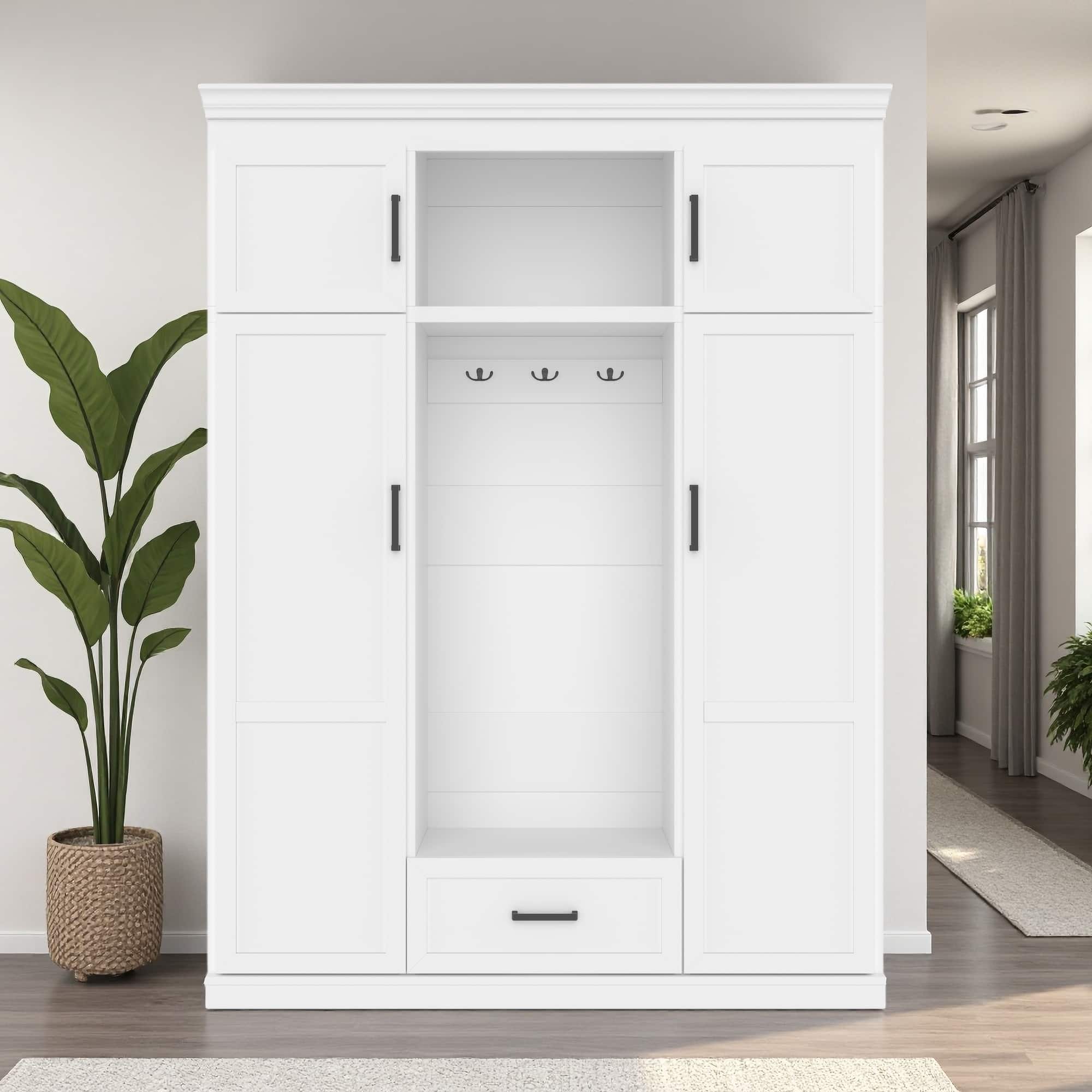 85.2''H MDF Hall Tree with Bench, 3 Hooks, 4 Doors, 1 Drawer, Adjustable Shelves, Metal Handles, Entryway with Hidden Storage