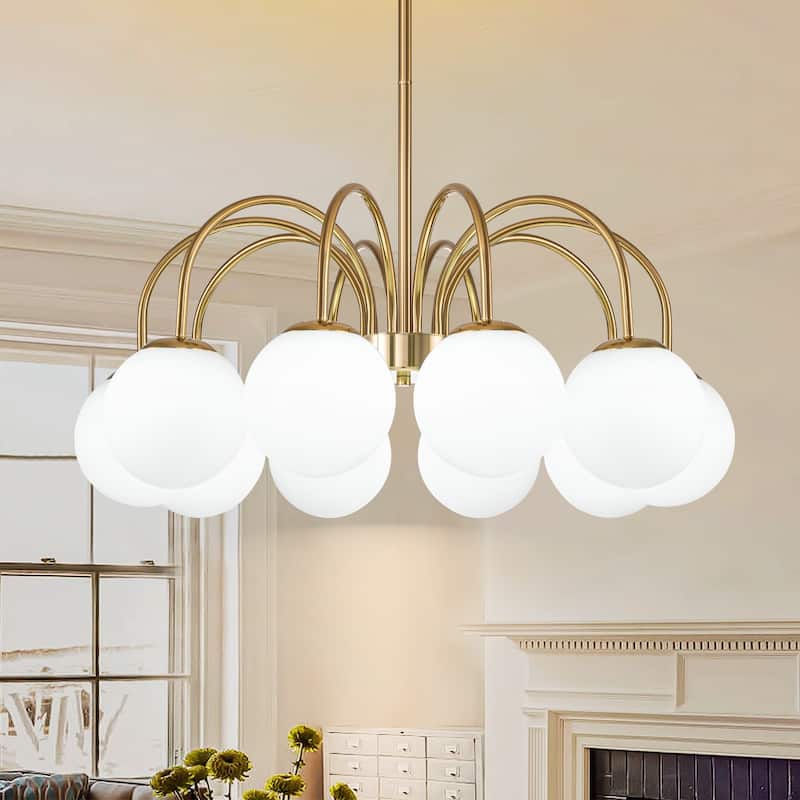 6/ 10-light Mid-Century Modern Black/ Brasss Round Sputnik Glass Globe Bubble Chandelier with Frosted Opal Glass Globe