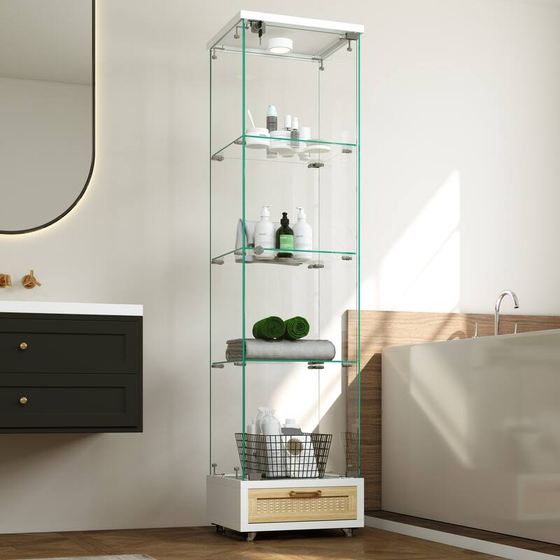 Glass Display Cabinet With Drawer,Cabinet With Led Lights,Tempered Glass Bookshelf, 1-Door Storage Case With 4 Shelves