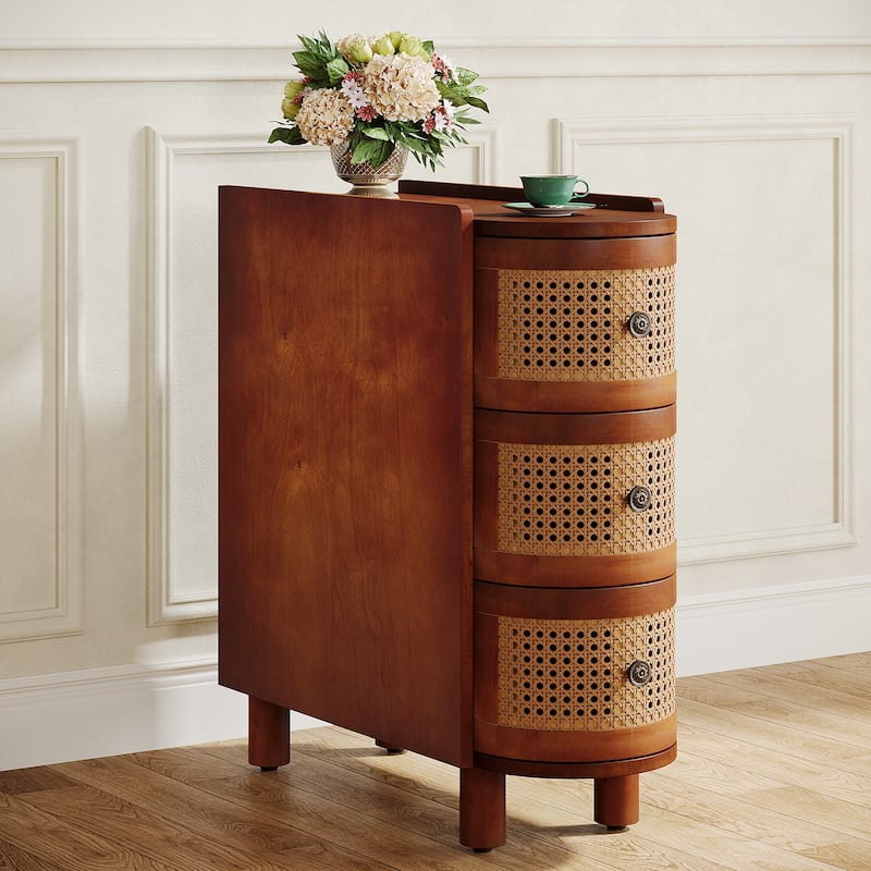 Solid Wood End Side Table 3-Drawer Rattan Bedside Table Nightstand
