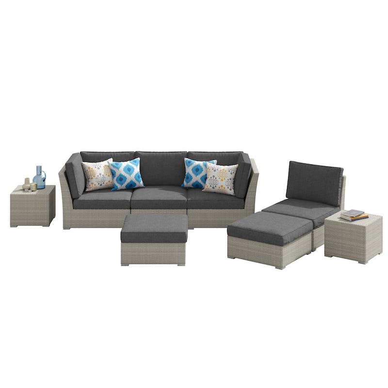 Corvus Looe 8-Piece Outdoor Sectional Set with Deep Seating, Aluminum Wicker Conversation Sofa with Ottomans - Dark Grey