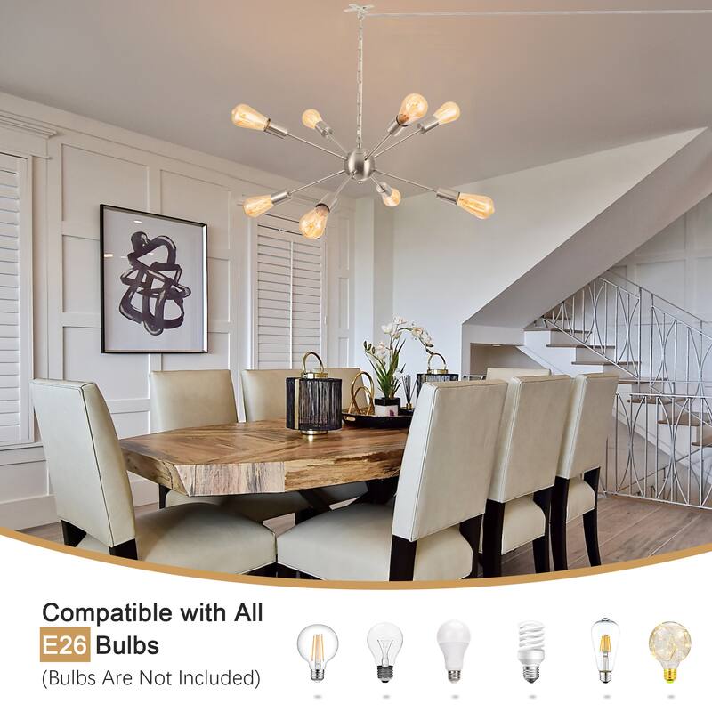 8-Light Hanging Sputnik Linear Chandelier Lighting with Plug for Kitchen Island