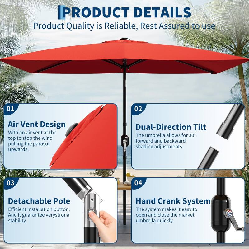 10'X6.5' Rectangular Outdoor Umbrella, with Crank & Push Button Tilt