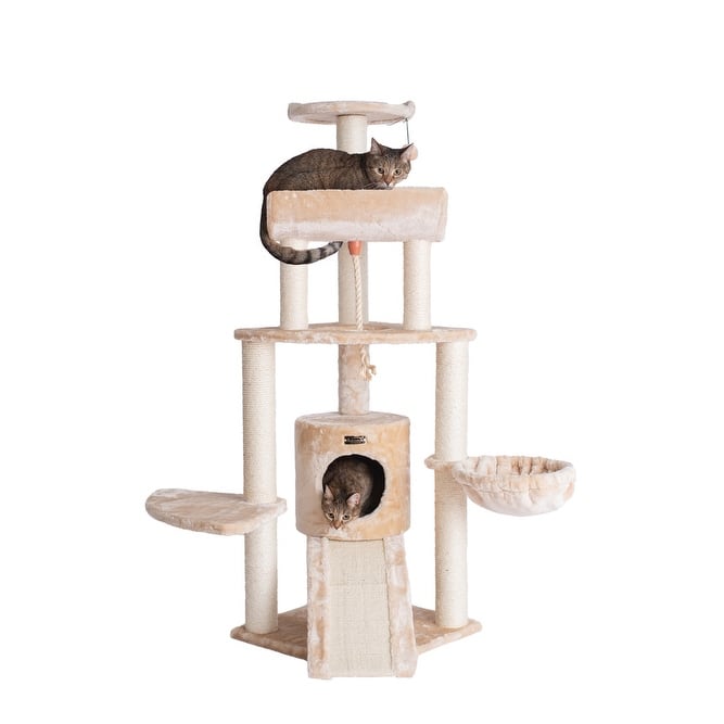 Thick Wood Cat Tower With Basket Lounge, Ramp, Beige