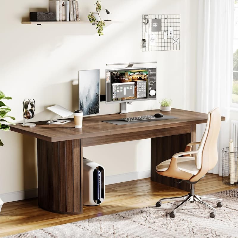 Brown Wood 78.7 Inches Long Computer Desk Large Executive Desk