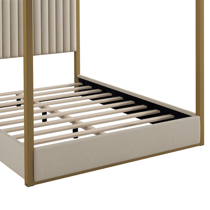 Roomfitters Queen Upholstered Canopy Platform Bed with Padded Headboard and Sturdy Metal Frame, Beige