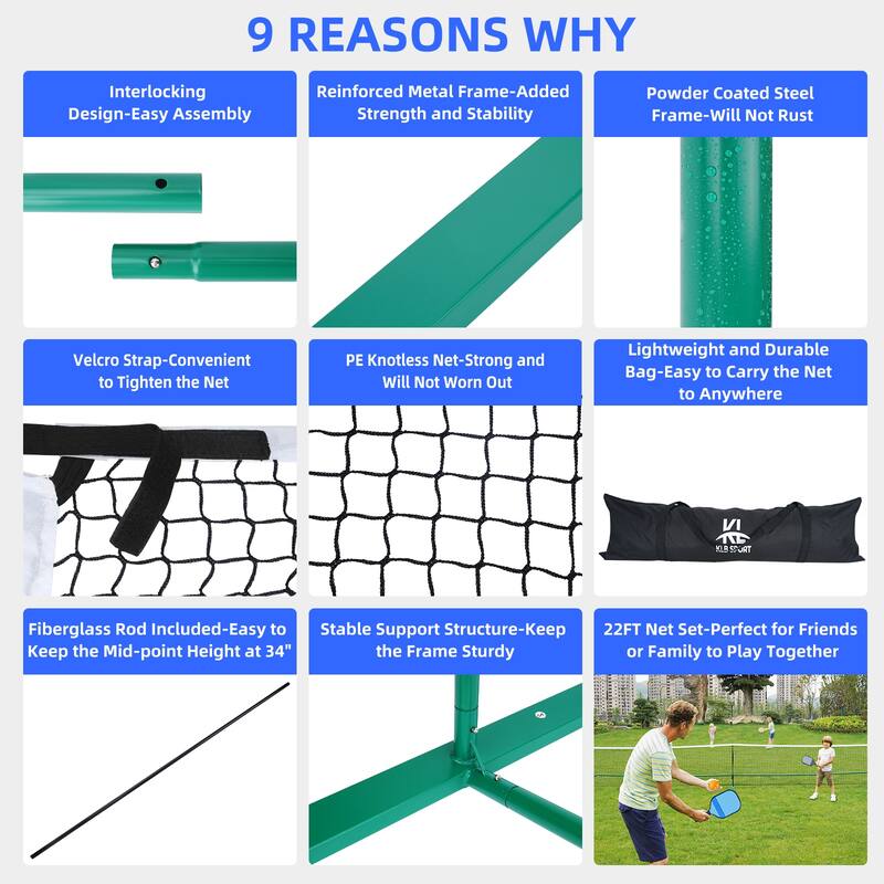 Roomfitters 22 ft Pickleball Net with Steady Metal Frame, All-Weather Setup for Outdoor and Indoor Driveways, Black White