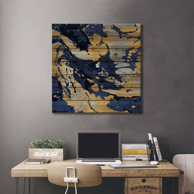 Marbleized In Gold And Blue II Print On Wood by Danielle Carson - Multi-Color