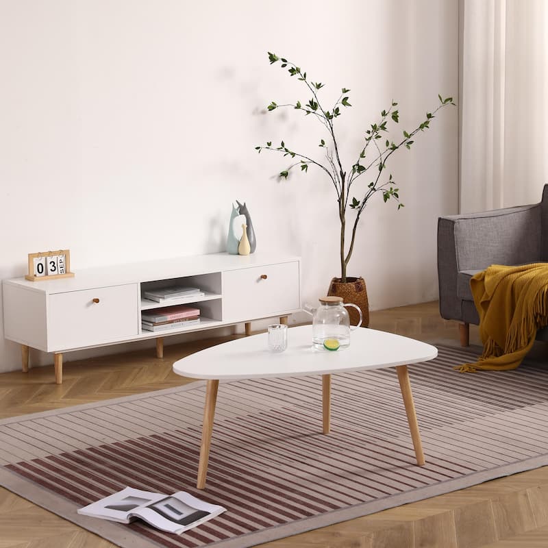 Modern Egg Shape Coffee Table With Rubberwood Legs, For Living Room - White