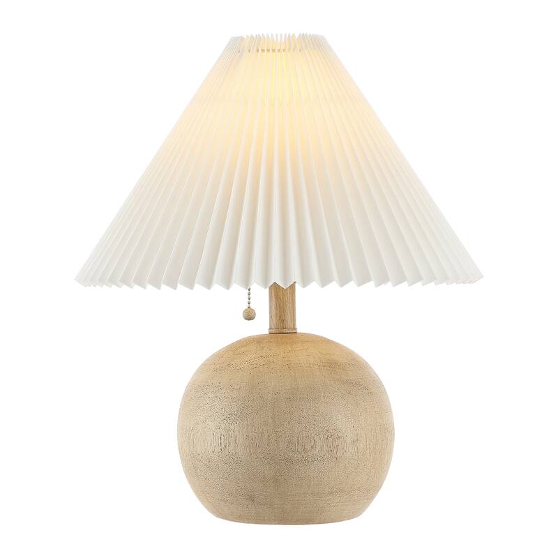 Arvid 17.25" Coastal Scandinavian Resin/Iron Sphere LED Table Lamp with Pleated Shade and Pull Chain, by JONATHAN Y - Beige Wood Finish