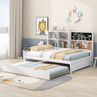 Full Size Daybed with Storage Shelves, Blackboard, Cork Board, USB Ports and Twin Size Trundle Daybed Bed Frame w/Slats Support