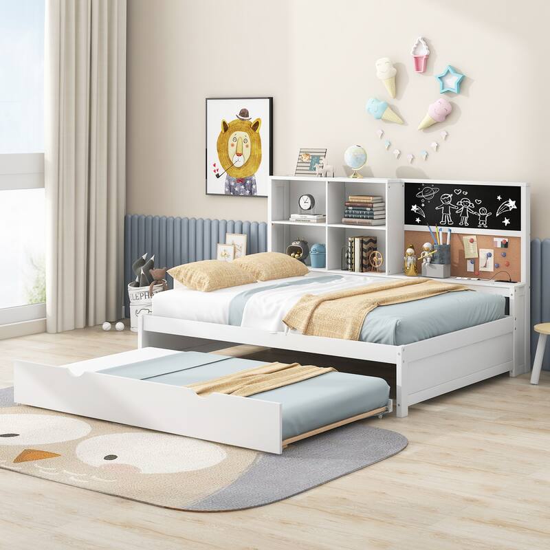 Full Size Pine Daybed with Blackboard, USB Charging & Trundle (550lb Capacity)