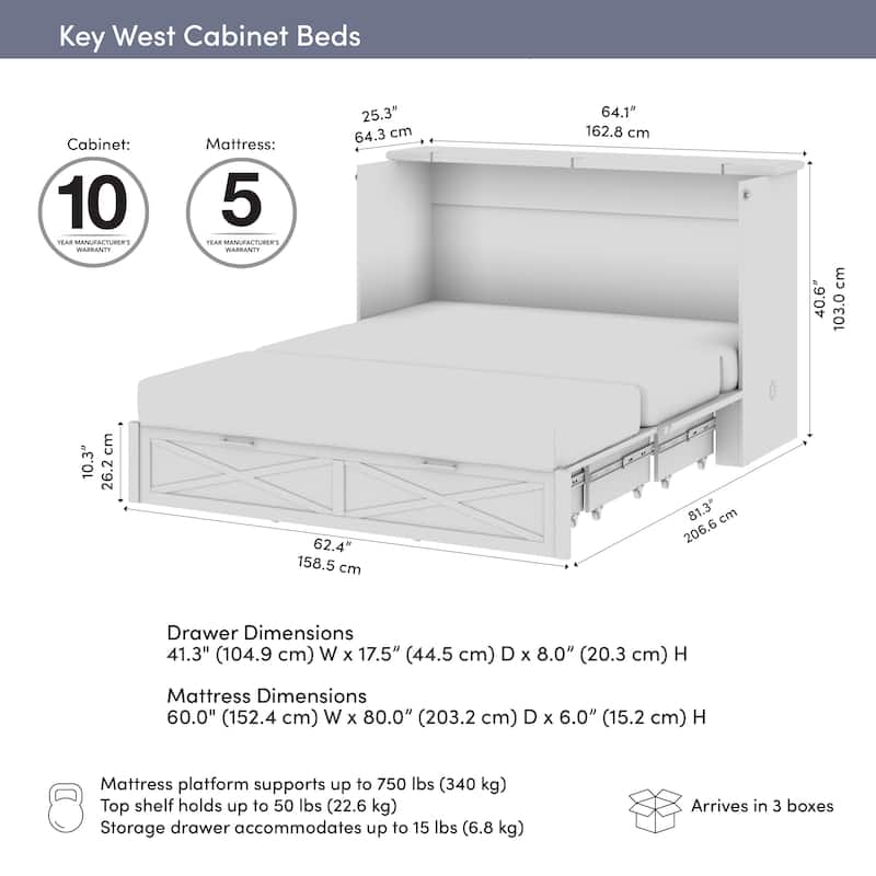 Bestar Key West 65W Queen Murphy Cabinet Bed with Drawer and Mattress