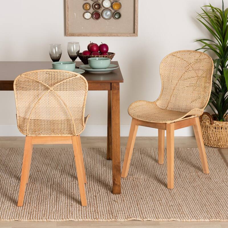 Sabelle Japandi Natural Brown Mahogany and Rattan 2-Piece Dining Chair Set
