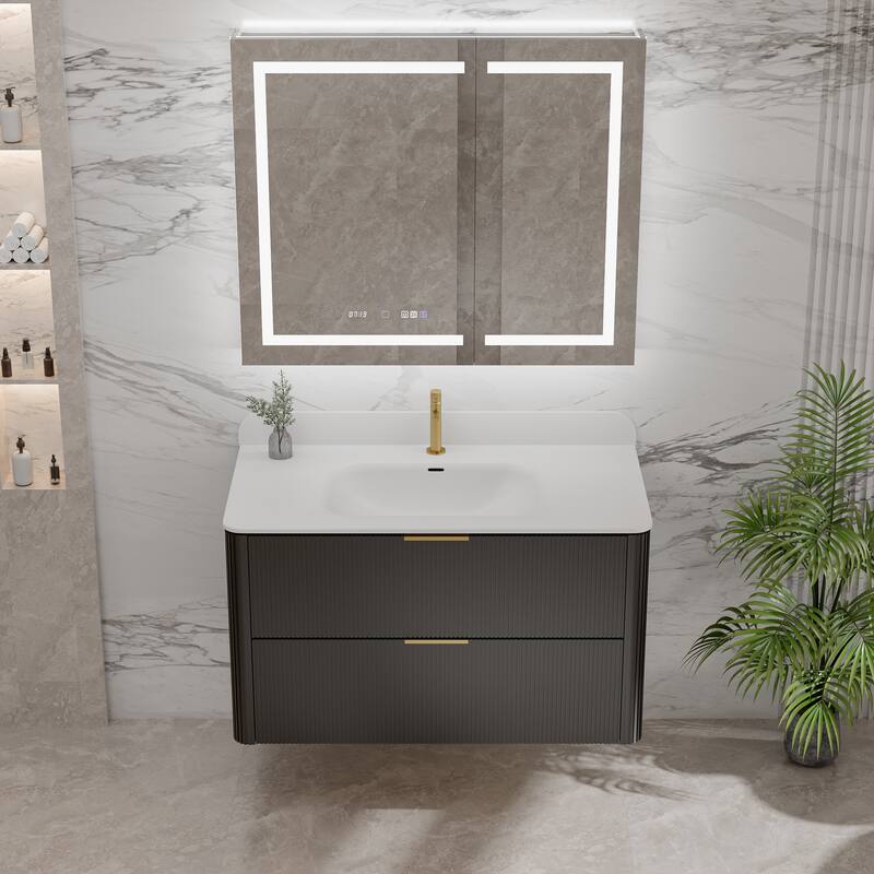 Modland Fluted Floating Vanity with Sink, Plywood Wall Mount Cabinet, Curved Edge, 24/30/36 Inch