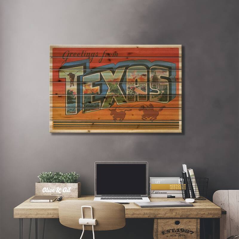 Greetings from Texas v2 Print On Wood by Wild Apple Portfolio - Multi-Color