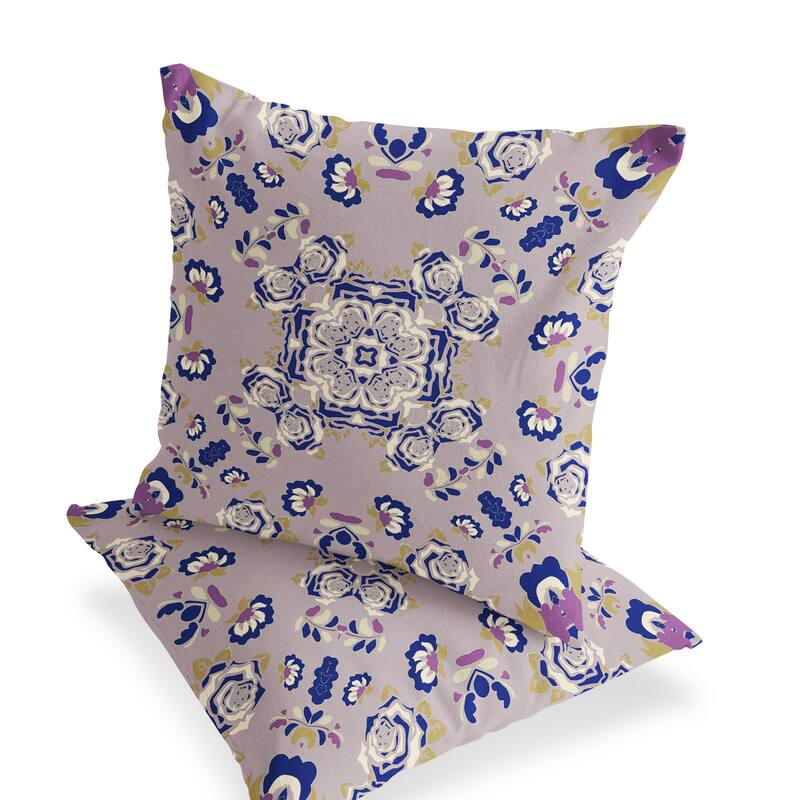 HomeRoots Set of Two 16" X 16" Blue and Purple Blown Seam Floral Indoor Outdoor Throw Pillow - 16.00' X '16.00' X '5.00