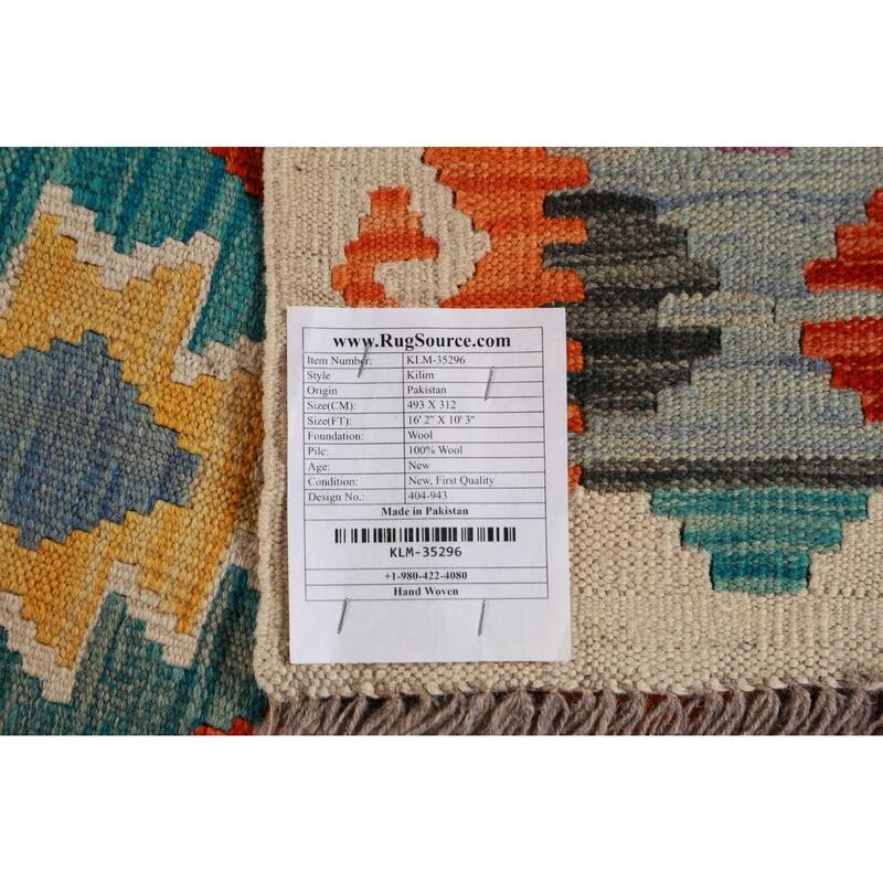 Geometric Kilim Oriental Large Rug Hand-Woven Bedroom Wool Carpet - 10'3"x 16'2"