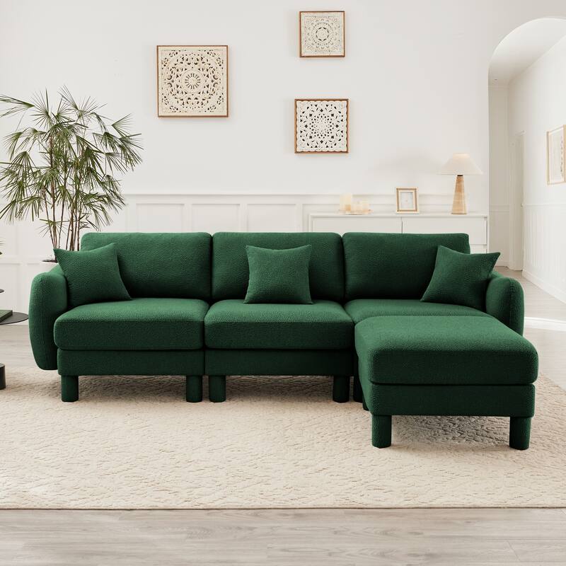 109.4" 3-Seater Modern Upholstered Sofa Couch, Deep-Seat Sectional Sofa with Shell-Shaped Armrests, Leisure Sofa for Living Room - Green- 3-Seater-1 Ottoman
