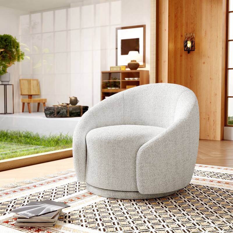 Boucle Barrel Chair Upholstered 360°Swivel Armchair - Boucle - White