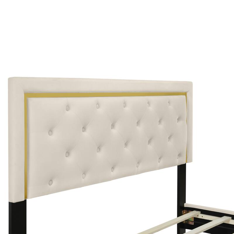 Velvet Upholstered Platform Bed With Pull Point Headboard And Metal Wire Frame