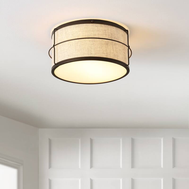 Milo 14" 2-Light Rustic Farmhouse Iron LED Flush Mount, Oil Rubbed Bronze by JONATHAN Y - 2 Light