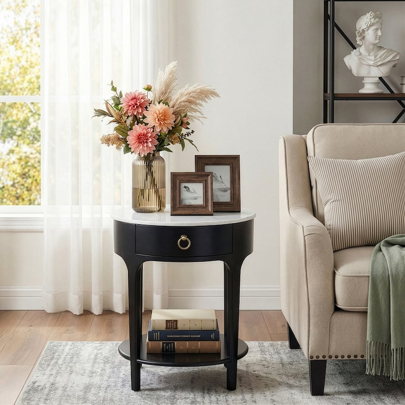 Ellen 18.25 in. W Oval Marble and Wood 1-Drawer Nightstand - Black - 1-drawer