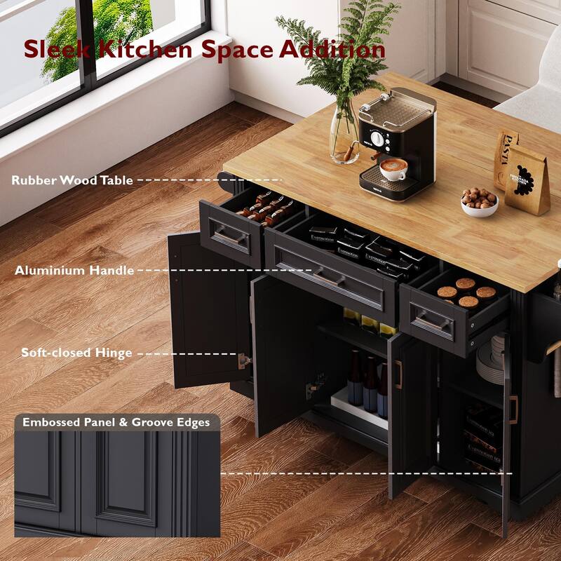 Modern Large Kitchen Island with Folding Board 3 Drawers, 4 Doors, Spice Rack and Towel Rack, for Kitchen
