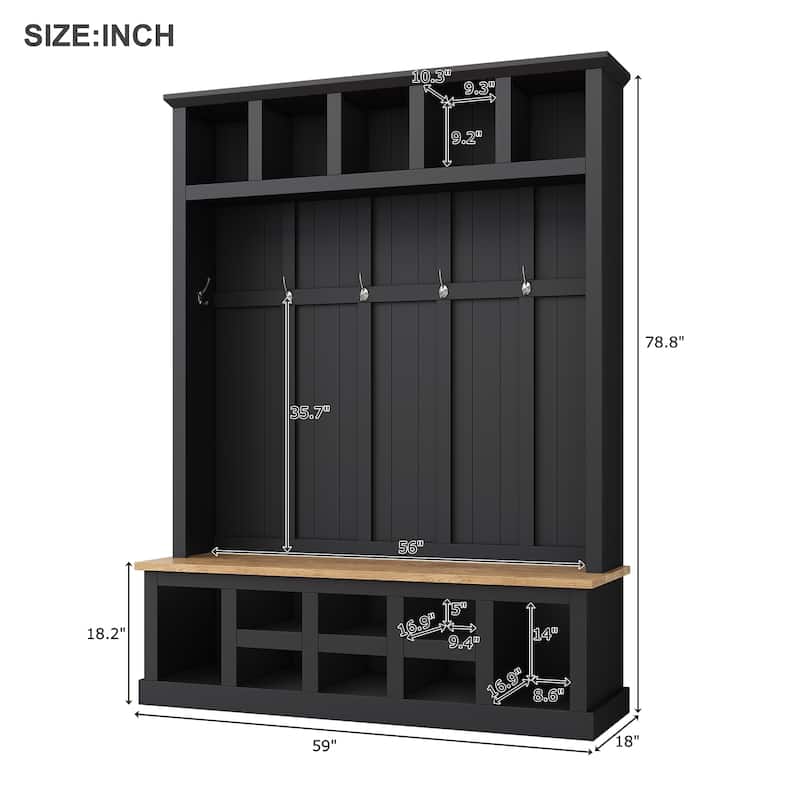 Hall Tree Storage Cabinet with 4 Hidden Hooks, Bench, and Open Compartments