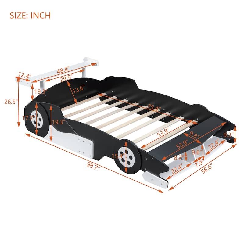 Full Size Race Car-Shaped Platform Bed with Wheels